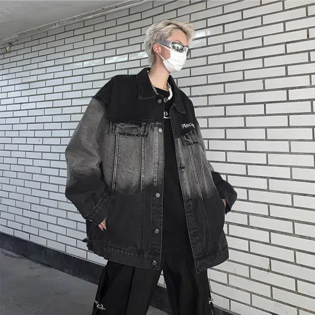 虫小绿 春秋季高街水洗渐变绣花字母上衣美式潮牌休闲宽松复古设计单排扣翻领夹克牛仔外套 男女同款