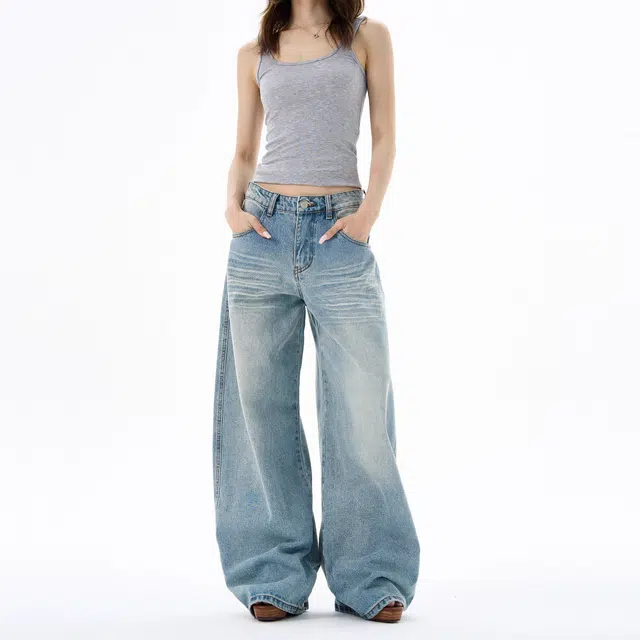 虫小绿 美式复古垂感拖地长裤秋冬季潮牌痞帅气质高级感水洗直筒宽松阔腿弯刀裤情侣裤子牛仔裤 男女同款