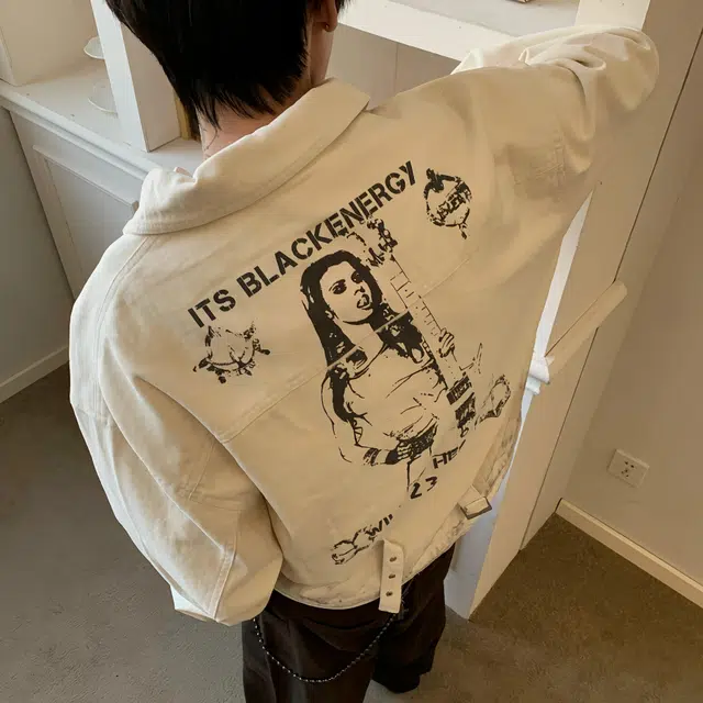 虫小绿 美式做旧重工脏染背扣高级设计感复古翻领夹克摇滚印花宽松春秋季潮流舒适百搭高街潮牌嘻哈街头风痞帅休闲牛仔外套 男女同款