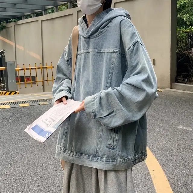 虫小绿 美式水洗做旧高街风套头连帽外套上衣休闲春秋季街头潮牌宽松复古痞帅百搭牛仔帽衫长袖卫衣 男女同款