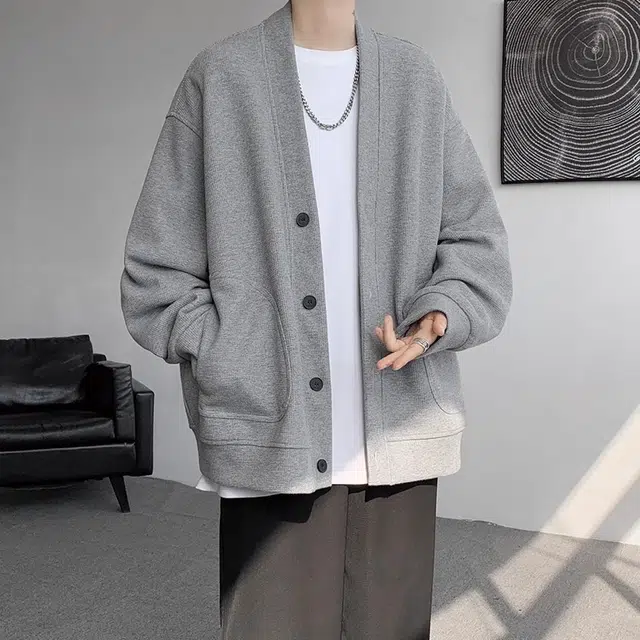 虫小绿 潮牌纯色华夫格开衫外套春秋季日系慵懒风高级感百搭宽松休闲简约夹克上衣情侣款卫衣 男女同款