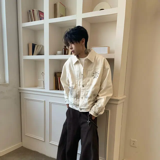 虫小绿 美式做旧重工脏染背扣高级设计感复古翻领夹克摇滚印花宽松春秋季潮流舒适百搭高街潮牌嘻哈街头风痞帅休闲牛仔外套 男女同款