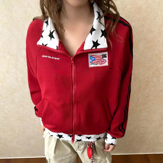 虫小绿 美式复古拼接撞色星星立领设计感运动开衫夹克外套春秋季宽松舒适百搭上衣休闲拉链卫衣 男女同款