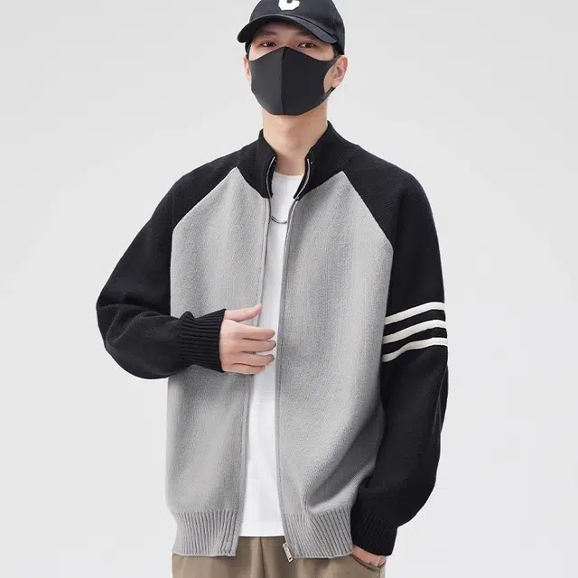 虫小绿 美式高街国潮牌开衫毛衣春秋季立领撞色三杠外套百搭休闲毛线衣服双拉链针织衫 男女同款