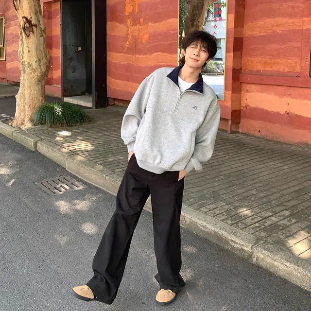 虫小绿 美式潮牌复古基础纯色胸口小标刺绣时尚半拉链立领上衣外套秋冬季痞帅气质百搭宽松休闲撞色情侣卫衣 男女同款