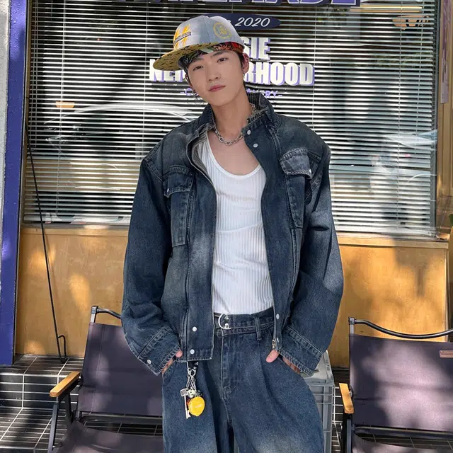 虫小绿 美式复古设计款双层立领短款夹克上衣春秋款潮流痞帅高级宽松休闲百搭拼接牛仔外套 男女同款