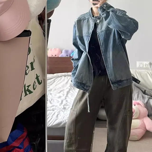 虫小绿 美式简约小众设计分割解构夹克衫春秋季潮流复古痞帅百搭水洗长袖上衣短款机车工装立领牛仔外套 男女同款