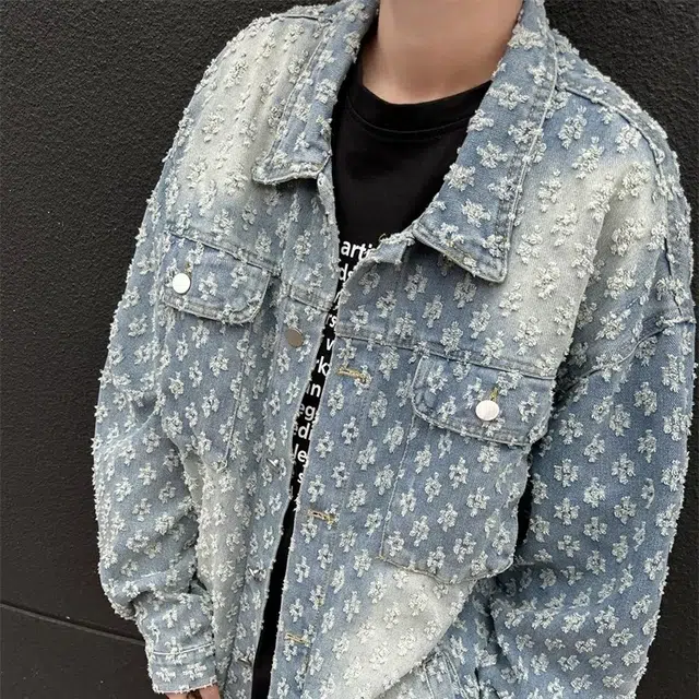 虫小绿 美式复古设计满印提花工艺宽松经典翻领夹克春秋季潮流高级感痞帅休闲水洗做旧小香风工装大口袋百搭牛仔外套 男女同款