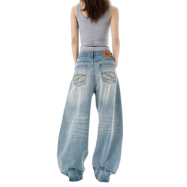 虫小绿 美式复古垂感拖地长裤秋冬季潮牌痞帅气质高级感水洗直筒宽松阔腿弯刀裤情侣裤子牛仔裤 男女同款