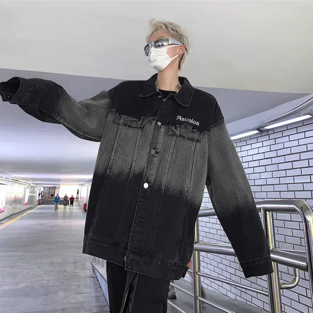 虫小绿 春秋季高街水洗渐变绣花字母上衣美式潮牌休闲宽松复古设计单排扣翻领夹克牛仔外套 男女同款