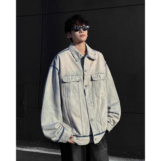 虫小绿 美式高街复古街头废土风做旧水洗明线装饰解构廓型四角标线痞帅潮流日常通勤高颜值宽松百搭洗选翻领长袖牛仔外套 男女同款