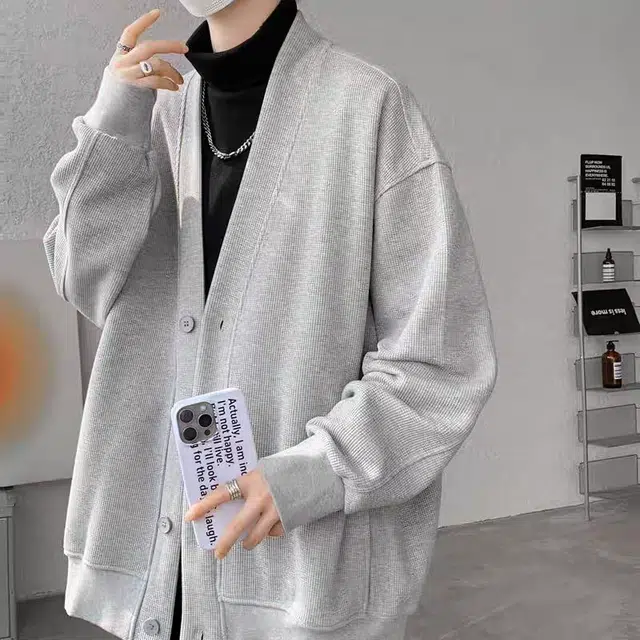 虫小绿 潮牌纯色华夫格开衫外套春秋季日系慵懒风高级感百搭宽松休闲简约夹克上衣情侣款卫衣 男女同款