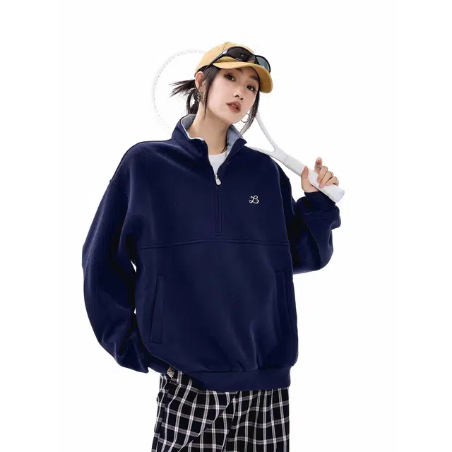 虫小绿 美式潮牌复古基础纯色胸口小标时尚半拉链立领上衣外套秋冬季痞帅气质百搭宽松休闲情侣款卫衣 男女同款