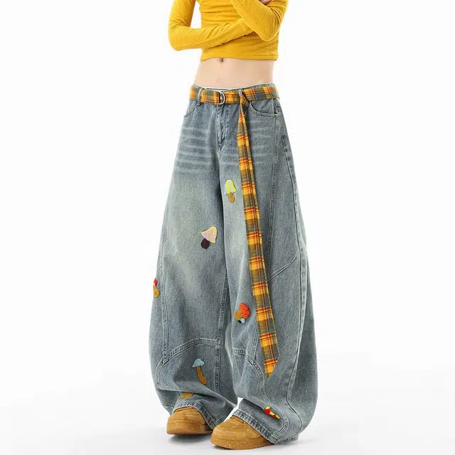 虫小绿 美式解构特色卡通毛巾绣直筒裤子春秋季宽松水洗弯刀裤小众设计感阔腿裤休闲百搭牛仔裤 男女同款