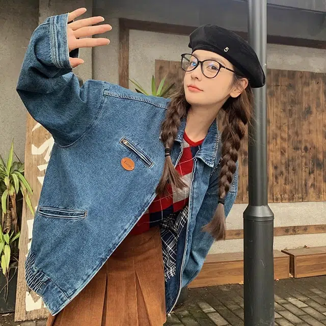 虫小绿 韩版学院风甜美超好看短款夹克百搭通勤春秋款复古高级感水洗做旧休闲宽松工装拉链上衣情侣牛仔外套 男女同款