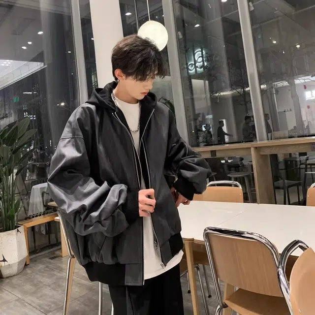 虫小绿 美式高街潮流连帽假两件嘻哈街头侧边大口袋纹理夹克外套春秋季宽松舒适百搭户外机能高级感开衫长袖休闲皮衣 男女同款