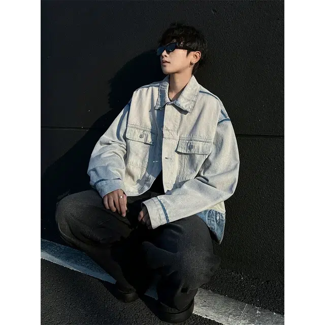 虫小绿 美式高街复古街头废土风做旧水洗明线装饰解构廓型四角标线痞帅潮流日常通勤高颜值宽松百搭洗选翻领长袖牛仔外套 男女同款