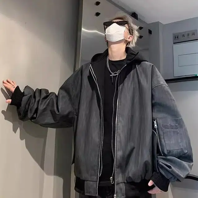 虫小绿 美式重磅假两件工装拉链外套春秋季潮流复古做旧百搭休闲夹克潮牌高级感痞帅宽松短款连帽皮衣 男女同款