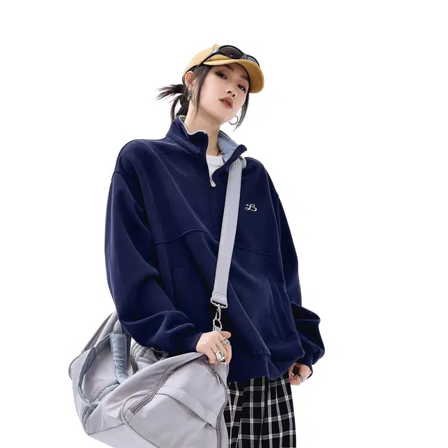 虫小绿 美式潮牌复古基础纯色胸口小标时尚半拉链立领上衣外套秋冬季痞帅气质百搭宽松休闲情侣款卫衣 男女同款