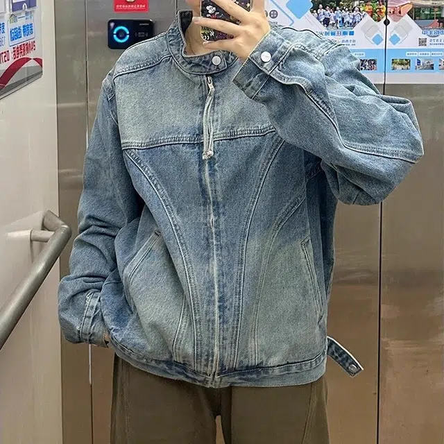 虫小绿 美式简约小众设计分割解构夹克衫春秋季潮流复古痞帅百搭水洗长袖上衣短款机车工装立领牛仔外套 男女同款