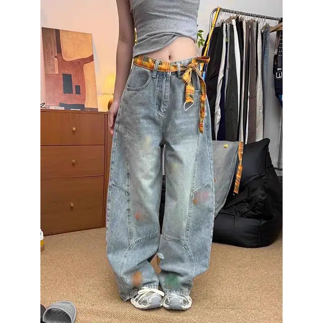 虫小绿 美式解构特色卡通毛巾绣直筒弯刀裤子春秋季宽松水洗镰刀裤小众设计感阔腿长裤休闲百搭牛仔裤 男女同款