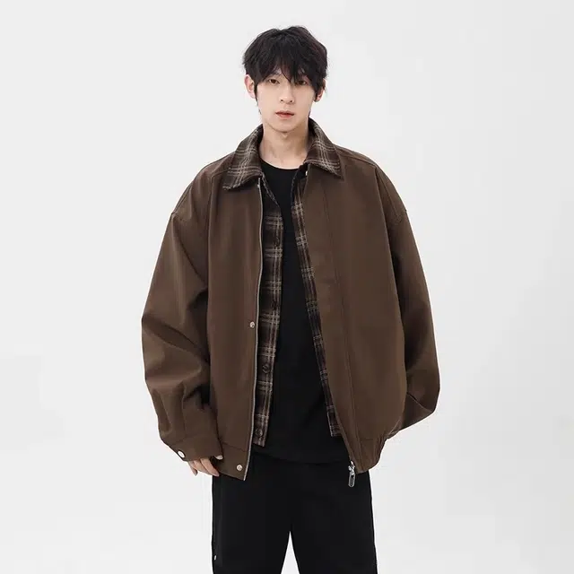 虫小绿 美式复古高级感小众设计感格子假两件外套上衣拼接翻领春秋季高街风高质感时髦舒适休闲宽松飞行员夹克 男女同款