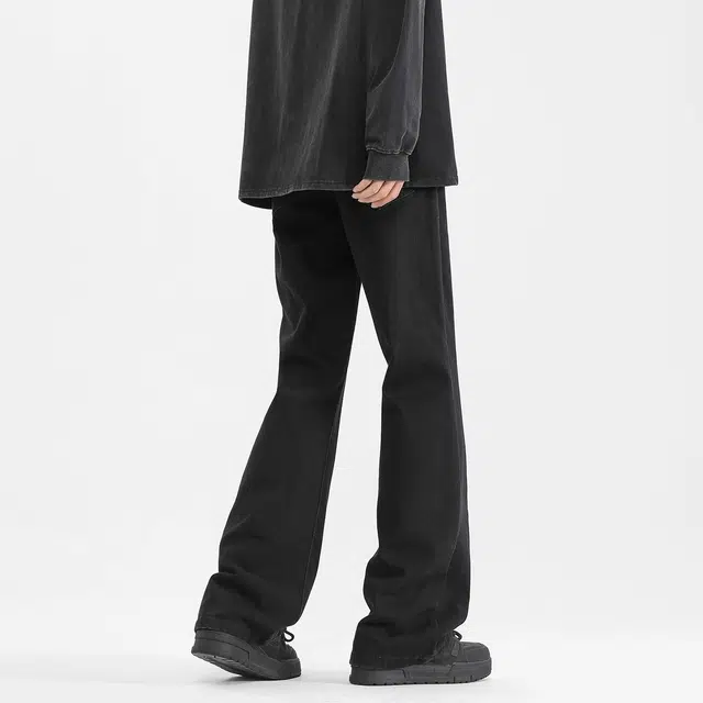 虫小绿 美式高街纯色简约水洗弯刀裤潮牌宽松直筒长裤百搭通勤显瘦微喇牛仔裤 男女同款