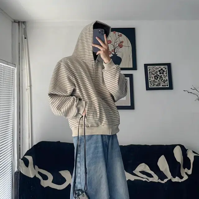 虫小绿 美式条纹连帽开衫夹克春秋季潮流时尚慵懒复古宽松百搭情侣帽衫外套松弛感休闲穿搭卫衣 男女同款