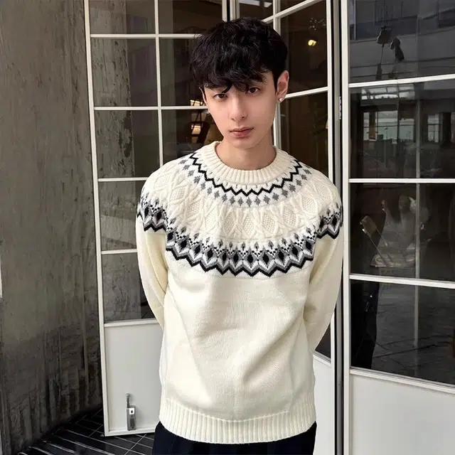 虫小绿 美式复古费尔岛套头毛衣外套绒感慵懒风秋冬季宽松休闲潮流百搭圆领提花针织衫 男女同款