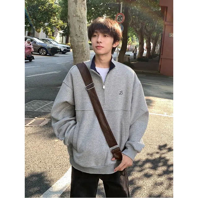 虫小绿 美式潮牌复古基础纯色胸口小标刺绣时尚半拉链立领上衣外套秋冬季痞帅气质百搭宽松休闲撞色情侣卫衣 男女同款