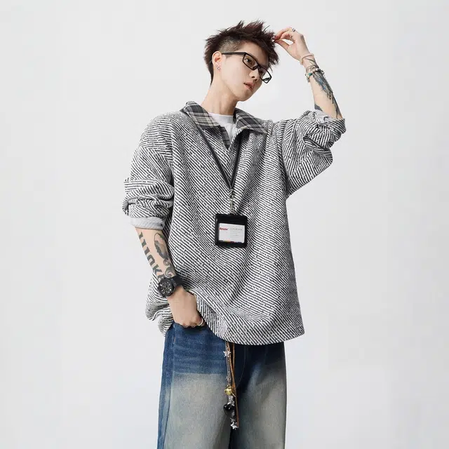 虫小绿 美式高街学院风基础款纯色上衣外套休闲格子拼接翻领设计感宽松户外通勤百搭港风痞帅高级感长袖卫衣 男女同款