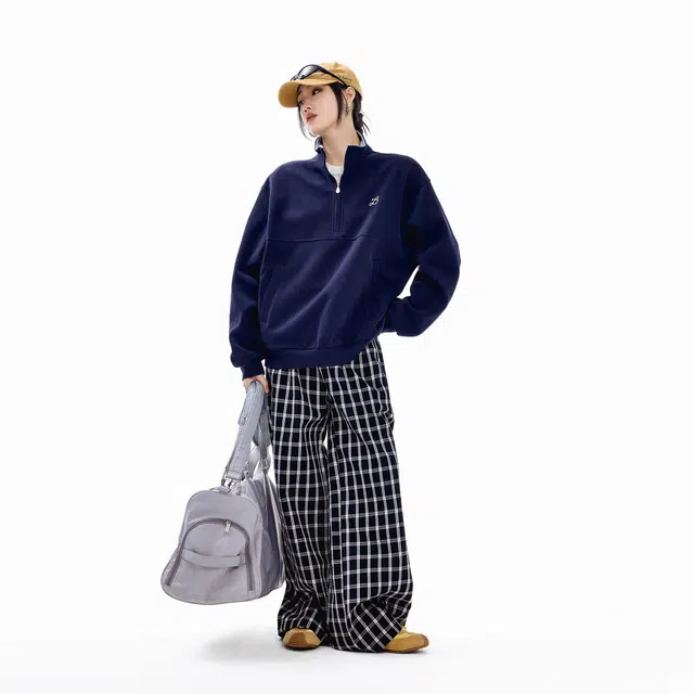 虫小绿 美式潮牌复古基础纯色胸口小标时尚半拉链立领上衣外套秋冬季痞帅气质百搭宽松休闲情侣款卫衣 男女同款