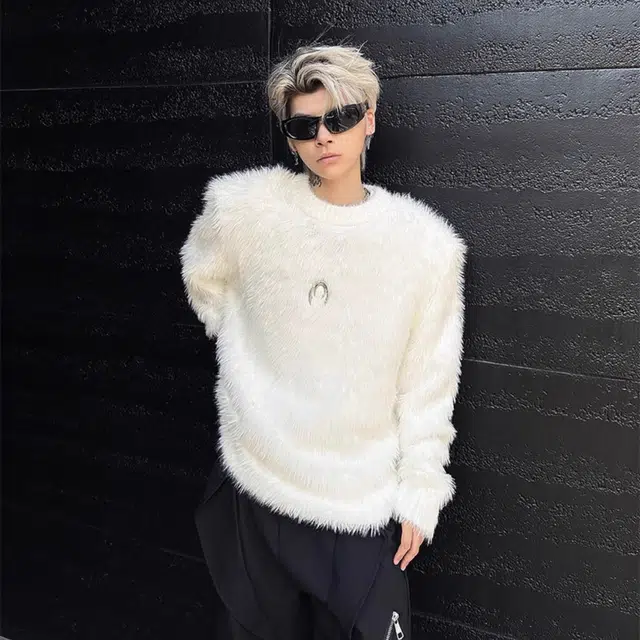 虫小绿 潮流高级感仿貂绒垫肩圆领上衣秋冬季美式复古潮牌设计宽松慵懒风毛衣休闲百搭痞帅套头针织衫 男女同款