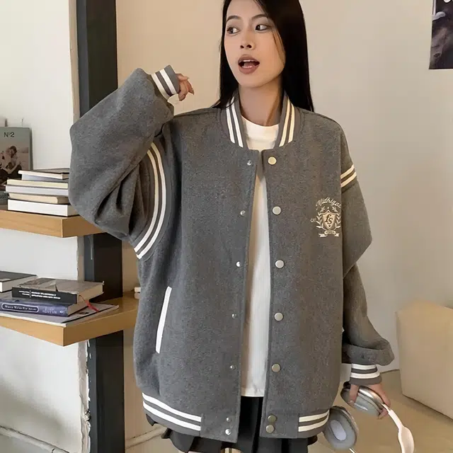 虫小绿 美式复古学院风立领撞色拼接飞行外套春秋季潮流毛呢刺绣工艺棒球服宽松街头休闲百搭上衣工装夹克 男女同款
