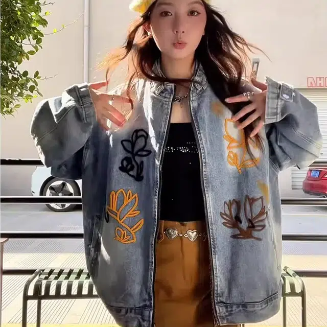 虫小绿 式潮牌重磅花卉刺绣立领夹克春秋季高街痞帅复古水洗做旧高级感宽松休闲拉链开衫牛仔外套 男女同款