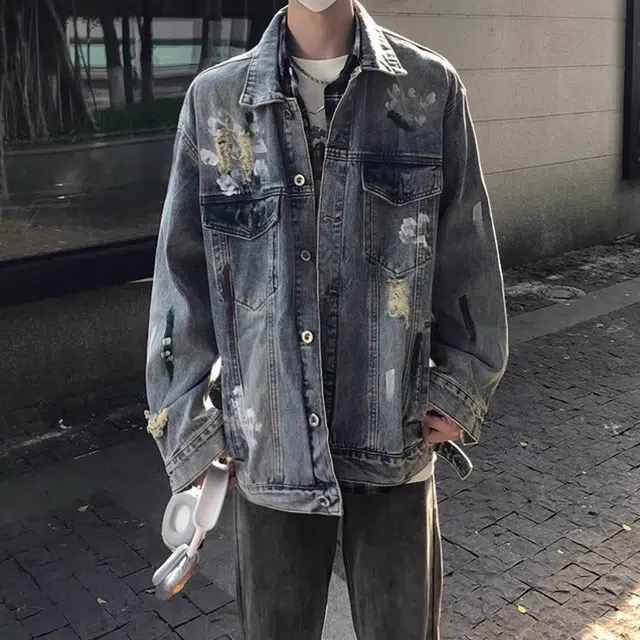 虫小绿 美式高街复古风水洗做旧拼接涂鸦泼墨破洞设计感翻领宽松百搭休闲夹克牛仔外套 男女同款