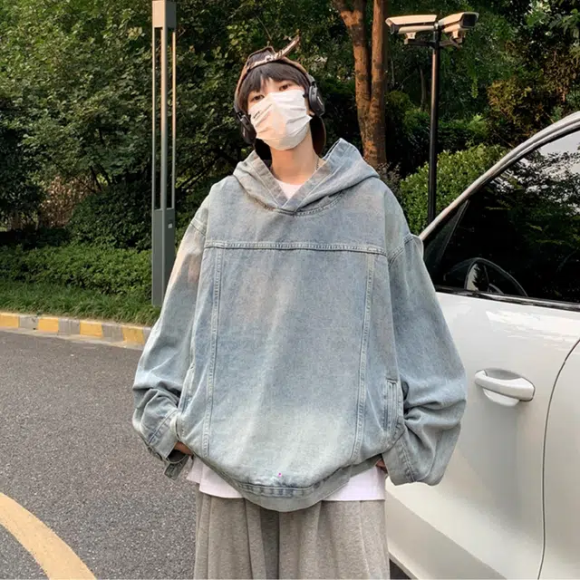 虫小绿 美式水洗做旧高街风套头连帽外套上衣休闲春秋季街头潮牌宽松复古痞帅百搭牛仔帽衫长袖卫衣 男女同款