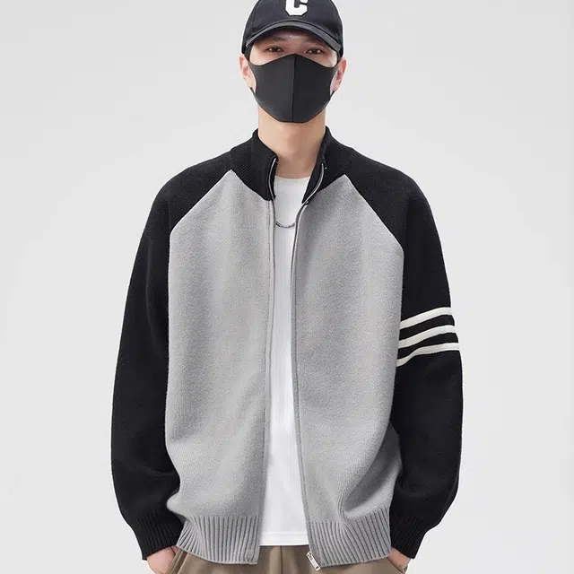 虫小绿 美式高街国潮牌开衫毛衣春秋季立领撞色三杠外套百搭休闲毛线衣服双拉链针织衫 男女同款