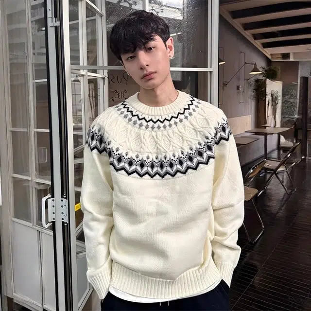 虫小绿 美式复古费尔岛套头毛衣外套绒感慵懒风秋冬季宽松休闲潮流百搭圆领提花针织衫 男女同款