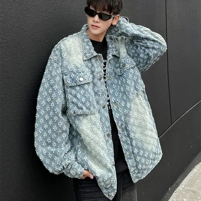 虫小绿 美式复古设计满印提花工艺宽松经典翻领夹克春秋季潮流高级感痞帅休闲水洗做旧小香风工装大口袋百搭牛仔外套 男女同款