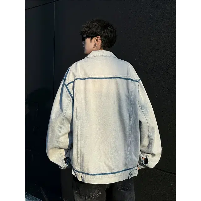 虫小绿 美式高街复古街头废土风做旧水洗明线装饰解构廓型四角标线痞帅潮流日常通勤高颜值宽松百搭洗选翻领长袖牛仔外套 男女同款