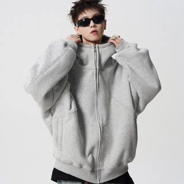 虫小绿 美式解构设计感拼接高街潮牌休闲长袖上衣复古运动百搭开衫宽松加厚保暖情侣款连帽卫衣 男女同款