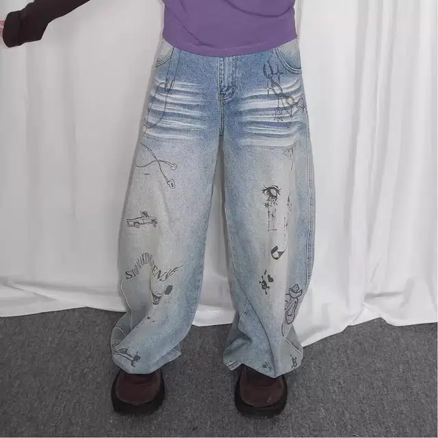 虫小绿 美式复古水洗做旧涂鸦印花设计感阔腿长裤春秋季潮流宽松痞帅休闲百搭直筒牛仔裤 男女同款