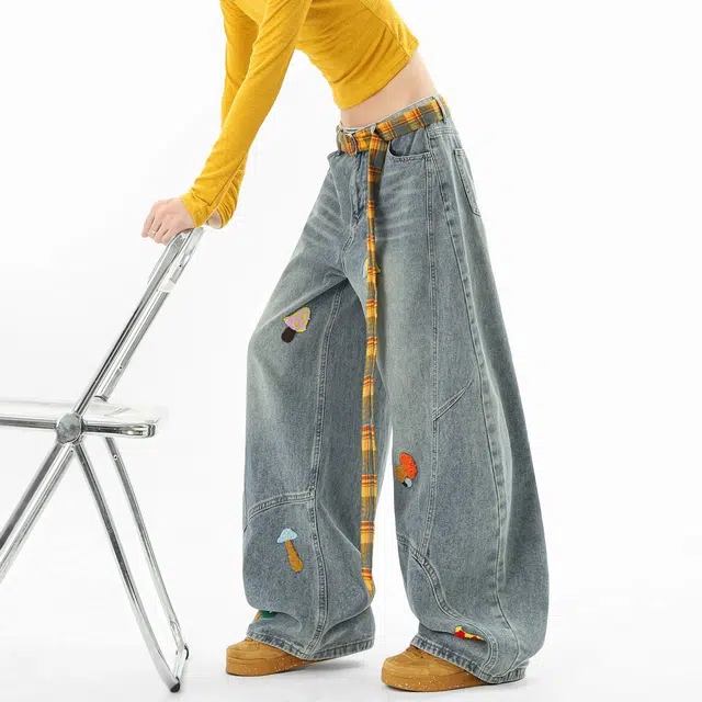 虫小绿 美式解构特色卡通毛巾绣直筒裤子春秋季宽松水洗弯刀裤小众设计感阔腿裤休闲百搭牛仔裤 男女同款