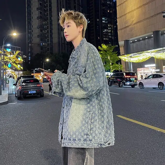 虫小绿 美式复古高街满印提花痞帅夹克春秋季炸街时尚潮流磨白做旧大口袋废土风休闲百搭舒适宽松工装牛仔外套 男女同款