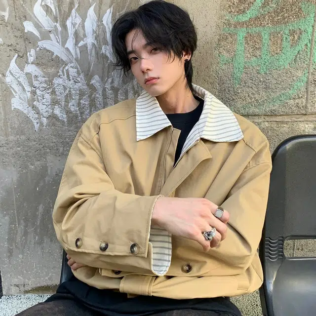 虫小绿 春秋季潮流撞色拼接条纹翻领外套廓形琥珀系美式复古简约个性小众设计感宽松舒适日常休闲百搭通勤工装防风夹克 男女同款