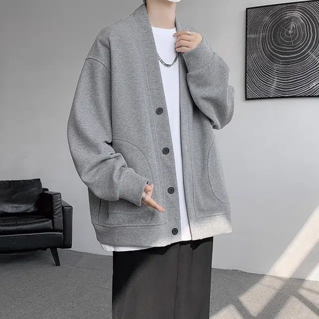 虫小绿 潮牌纯色华夫格开衫外套春秋季日系慵懒风高级感百搭宽松休闲简约夹克上衣情侣款卫衣 男女同款