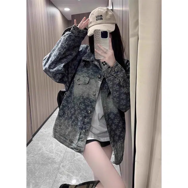 虫小绿 美式复古潮牌设计感十字架烫钻夹克百搭秋季潮流痞帅高级感满印提花上衣轻奢小众休闲翻领牛仔外套 男女同款