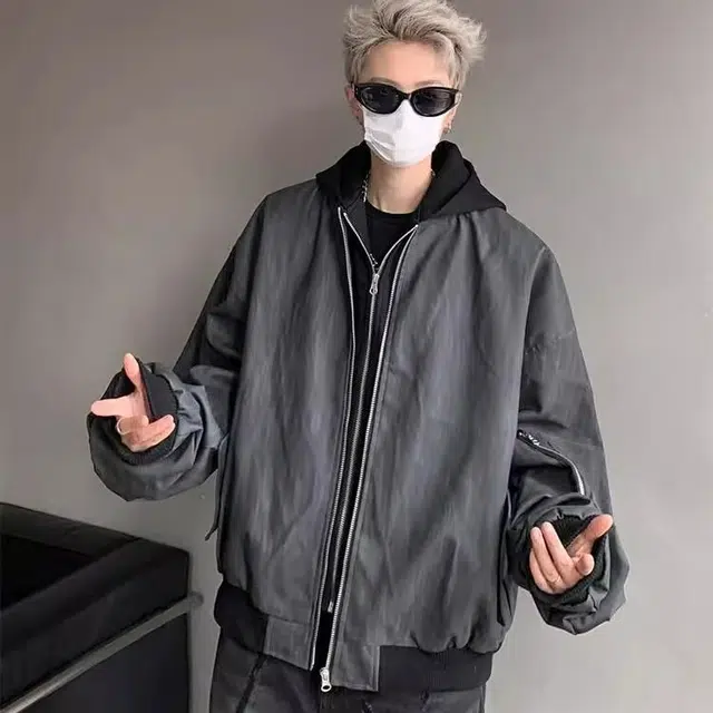 虫小绿 美式重磅假两件工装拉链外套春秋季潮流复古做旧百搭休闲夹克潮牌高级感痞帅宽松短款连帽皮衣 男女同款