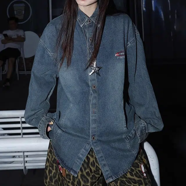 虫小绿 复古做旧水洗刺绣字母开衫长袖夹克上衣单排扣春秋季美式潮牌宽松休闲百搭翻领牛仔外套 男女同款